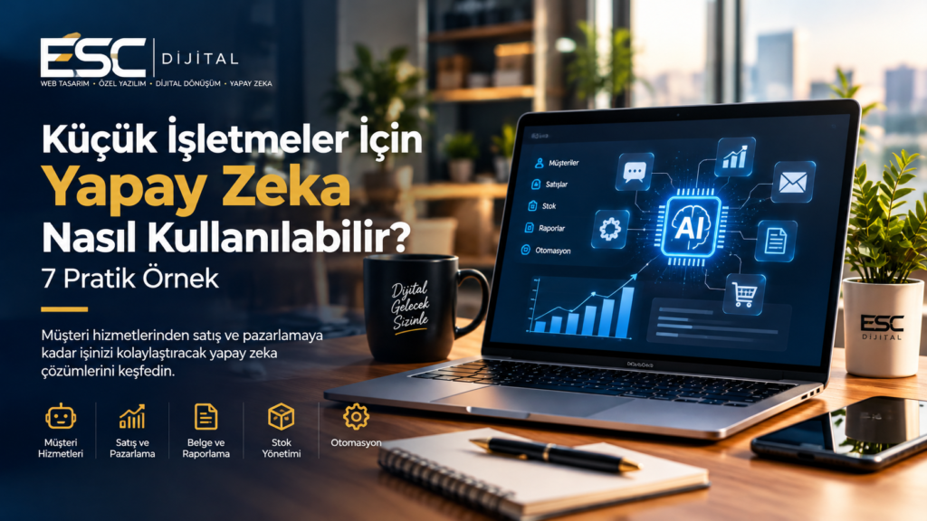 çük işletmeler için yapay zeka ve dijital iş yönetimi çözümlerini gösteren ESC Dijital görseli
